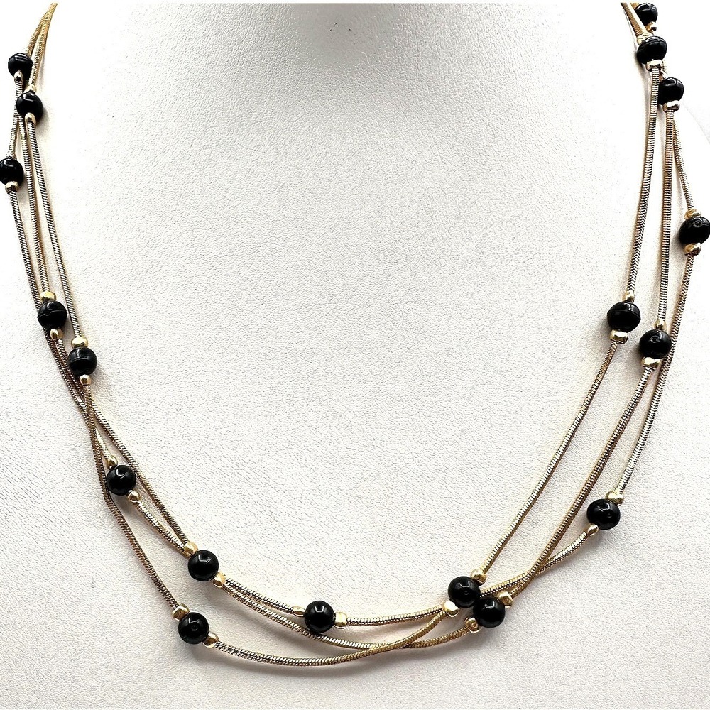Vintage Y2K Gold Snake Chain Necklace Black Beads Layered 90s Statement